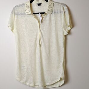 Ann Taylor Peter Pan Lace Collar Linen Top Semi Sheer Light Yellow Size M NWT